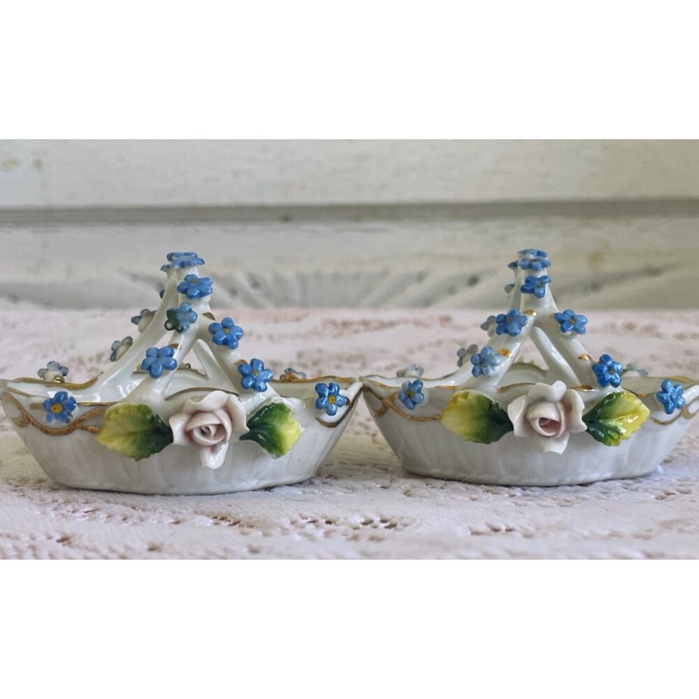 Antique 2 Porcelain Rose & Forget Me Nots Trinket Basket Elfinware Floral German